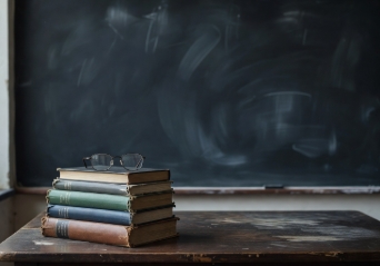 Wooden table with books on top