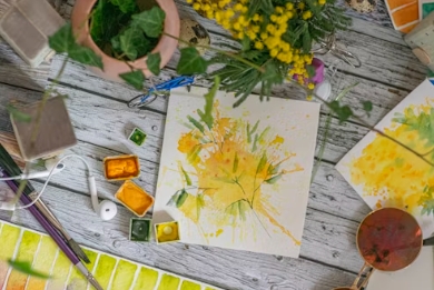 Table with paint tools